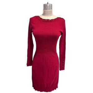 CACHE Wine Red Knit Bodycon Midi Sweater Dress Medium Lacing Vintage 90s Y2K